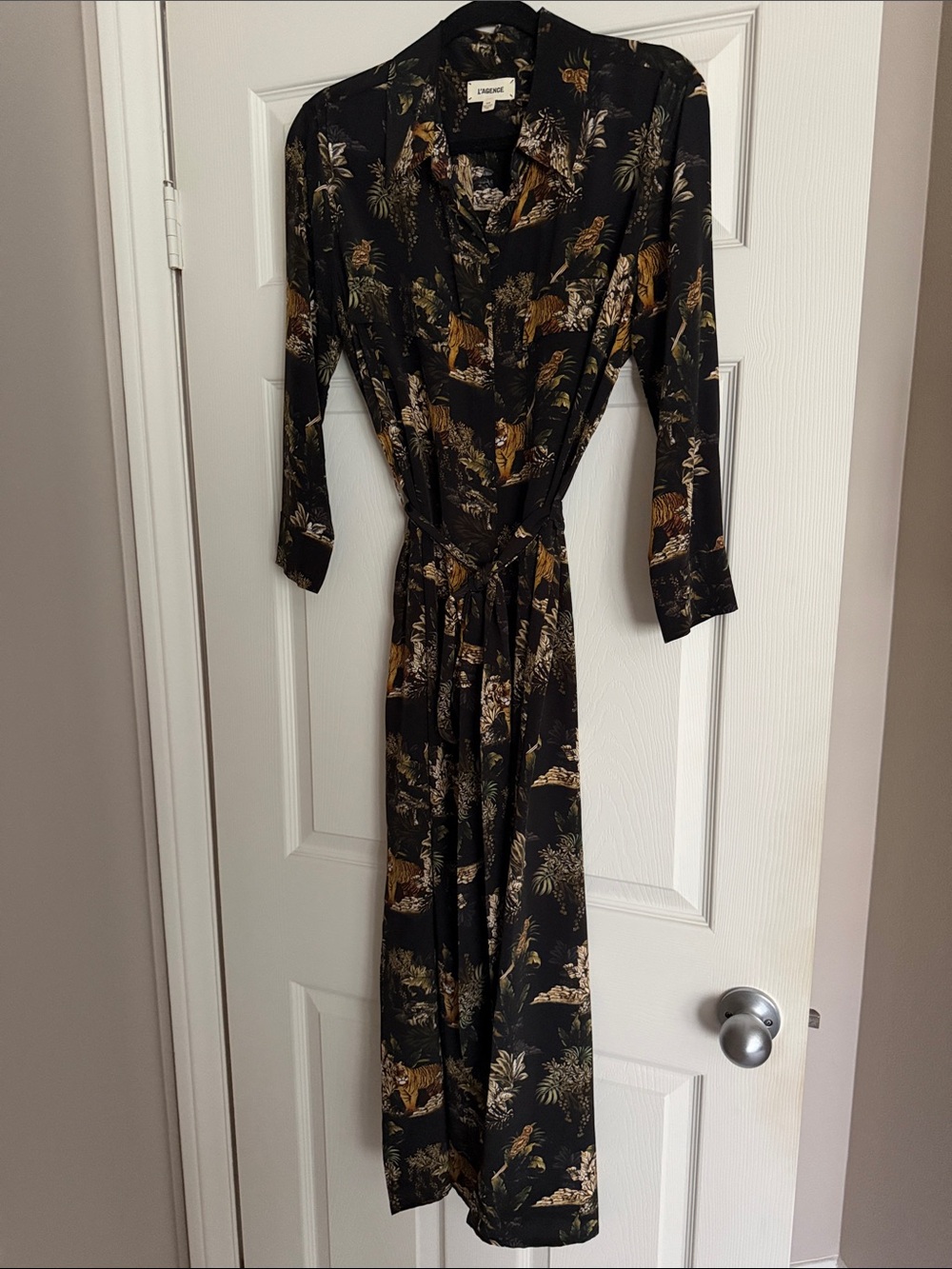 L’Agence Black Maxi Shirt Dress with Brown & Tan Jungle Print